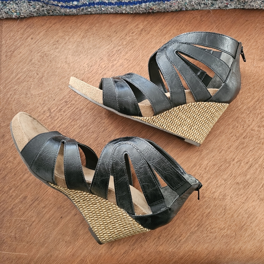 AEROSOLES Black Strappy Tan Brown Rope Wedge Heels Shoes Size 9 COMFORT!!